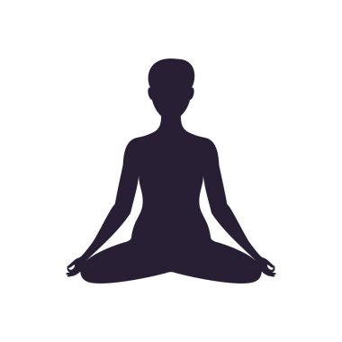 Kız nilüfer pozisyonunda oturuyor, beyaz arka planda siyah çizgili. Vektör düz çizim. Kadın yoga ve meditasyon ile meşgul..
