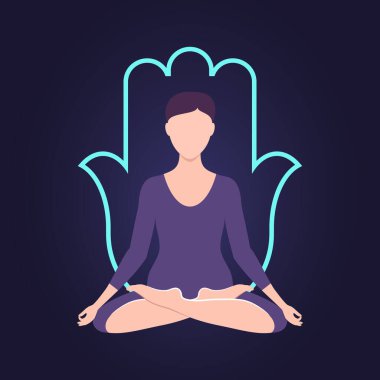 Kadın lotus pozisyonunda meditasyon yapıyor. renk vektör illüstrasyonu. Kız yoga yapıyor..