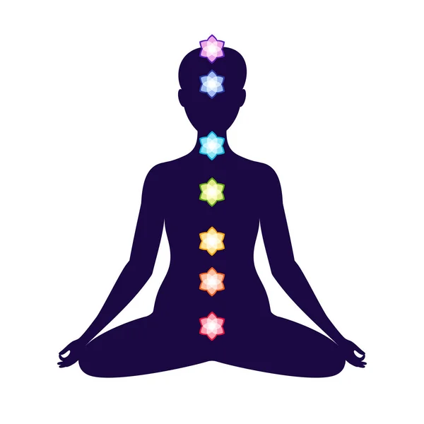 Seven Chakras Meditating Yogi Woman Silhouette Vector Illustration — Stock Vector