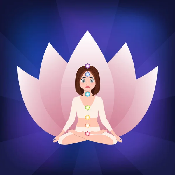 Chica Meditando Pose Loto Yoga Ilustración Del Vector Coloridos Chakras — Vector de stock