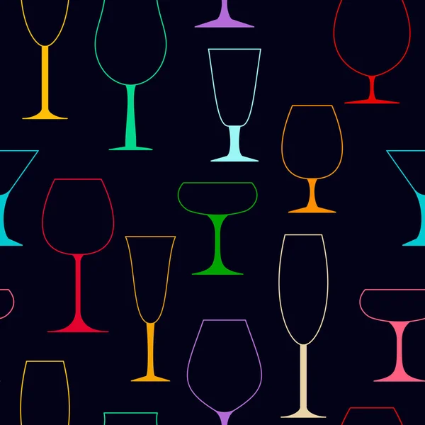 Farbige Konturen Von Weingläsern Auf Schwarzem Hintergrund Nahtlose Muster Vektor — Stockvektor
