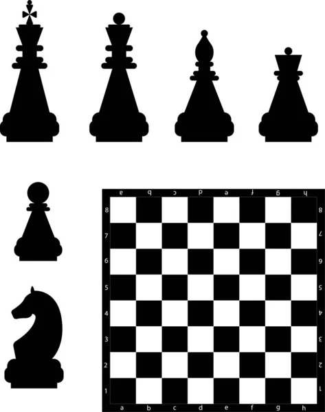 Siluetas editables vectoriales de un conjunto de piezas de ajedrez estándar y un tablero de ajedrez. — Vector de stock