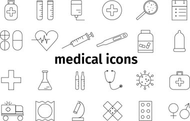 Basit şekilli tıbbi ikonlar. Dayanıklı siyah elementler. Tıbbi bir tema üzerine vektör ayarlandı.