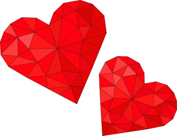 Corações Vermelhos Poli Baixos Vetor Dois Corações Brilhantes Fundo Branco — Vetor de Stock