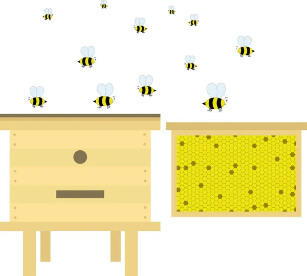 Colmena con colmena, marco con panales y néctar. Elementos vectoriales de la apicultura. — Vector de stock
