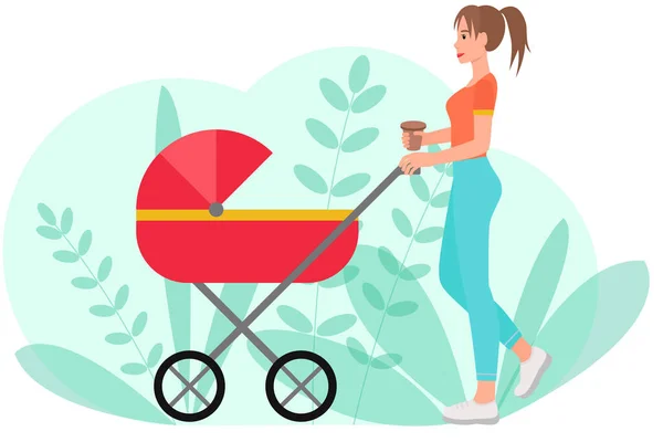 Wanita Itu Berjalan Dengan Kereta Bayi Vektor Ibu Berjalan Dengan - Stok Vektor