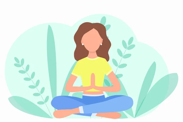 自然界中的女孩坐在荷花的位置上 一个女人在做瑜伽 自我隔离 隔离的运动 平面插图 — 图库矢量图片
