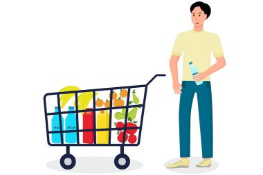 Alışveriş arabasında erzak taşıyan bir adam. Bir adam elinde bir şişe su tutup yiyecek ve vektör alır. Kavram, çizgi film.