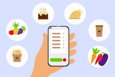 Ordering goods through the application. Vector, hand with a phone, ordering goods on the Internet. Diverse food, contactless shopping. Concept, flat illustration.