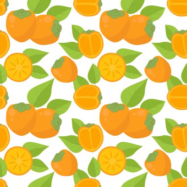 Hurmalı kusursuz bir arka plan. Parlak olgun meyveleri yapraklarla doldur. Bütün hurma ve yarıları tekrar et, turuncu..