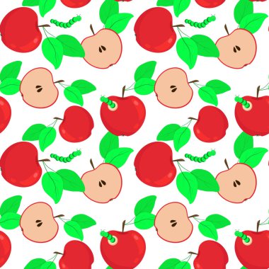 Kırmızı elmalar ve yapraklarla kusursuz bir arka plan. Elmalarla, bütünlerle, yarımlarla, yapraklarla ve tırtıllarla tekrarlanan şablon.