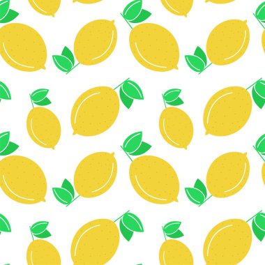 Limonlu, kusursuz bir geçmişi var. Vektör. Parlak sarı turunçgil meyveli ve yapraklı desen. Tasarım için meyve arkaplanı.