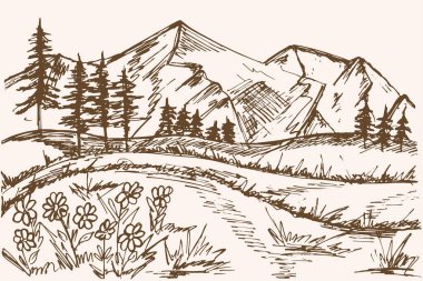 Dağ çizimi. Vector dağları ve ormanı. Dağların arka planında Noel ağaçları var. Serbest çizim, geri dönüş.