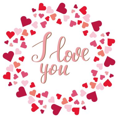 Yuvarlak çerçeveli kalpler. Vektör, çerçeve ve yazıt. Ben de seni seviyorum. Kartpostal, tanınma. Serbest çizim.