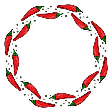 Kırmızı biberli dairesel çerçeve. Daire şeklinde parlak kırmızı biber. Vektör. Baharatlı sıcak sebze..