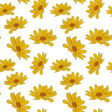 Gerberas 'ta kusursuz tekrarlayan desen. Büyük sarı-turuncu çiçekler. Paketleme ve tasarım için arkaplan. Vektör.
