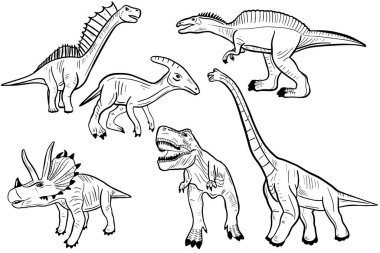 Dinozor seti. Çeşitli tarih öncesi dinozorların çizimi. Serbest çizim, Jurasik hayvanlar. Vektör..