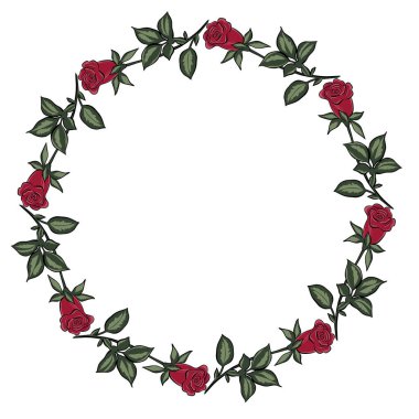Kırmızı güllü dairesel çerçeve. Serbest çizim, konsept. Vektör, daire. Kartpostallar, tasarım ve dekorasyon için. Kırmızı bahçe çiçekleri Yapraklar bir daire içinde.