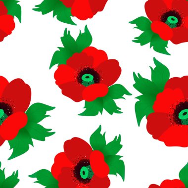 Kırmızı gelincikli kusursuz bir desen. Çiçek açan kırmızı gelincikler, tasarım için aralıksız tekrarlanan desen, Vektör.