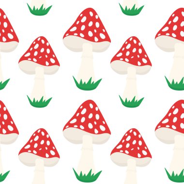 Amanita ile kusursuz bir geçmişi var. Kırmızı zehirli mantarlarla tekrarlanan bir model. Vektör.