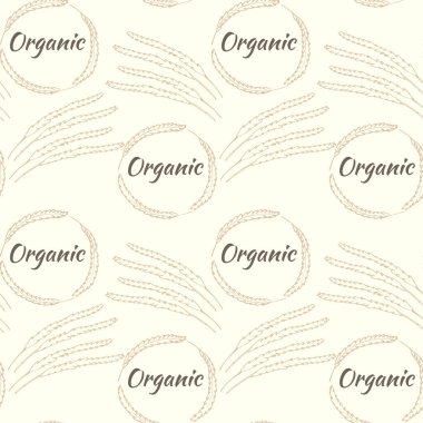 Seamless pattern with spikelets in a circle. Spikelets of cereals, solid repeating pattern with the inscription organic. Vector.