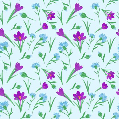 Bahar çiçekleriyle kusursuz tekrarlanan desen. Phlox çiçekleri ve mısır çiçekleri rastgele dağılıyor. Tekstil ve ambalaj tasarımı için sürekli arkaplan.