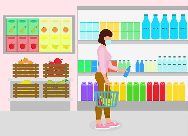 Woman Store Buys Groceries Girl Trolley Grocery Store Young Lady — Stock Vector