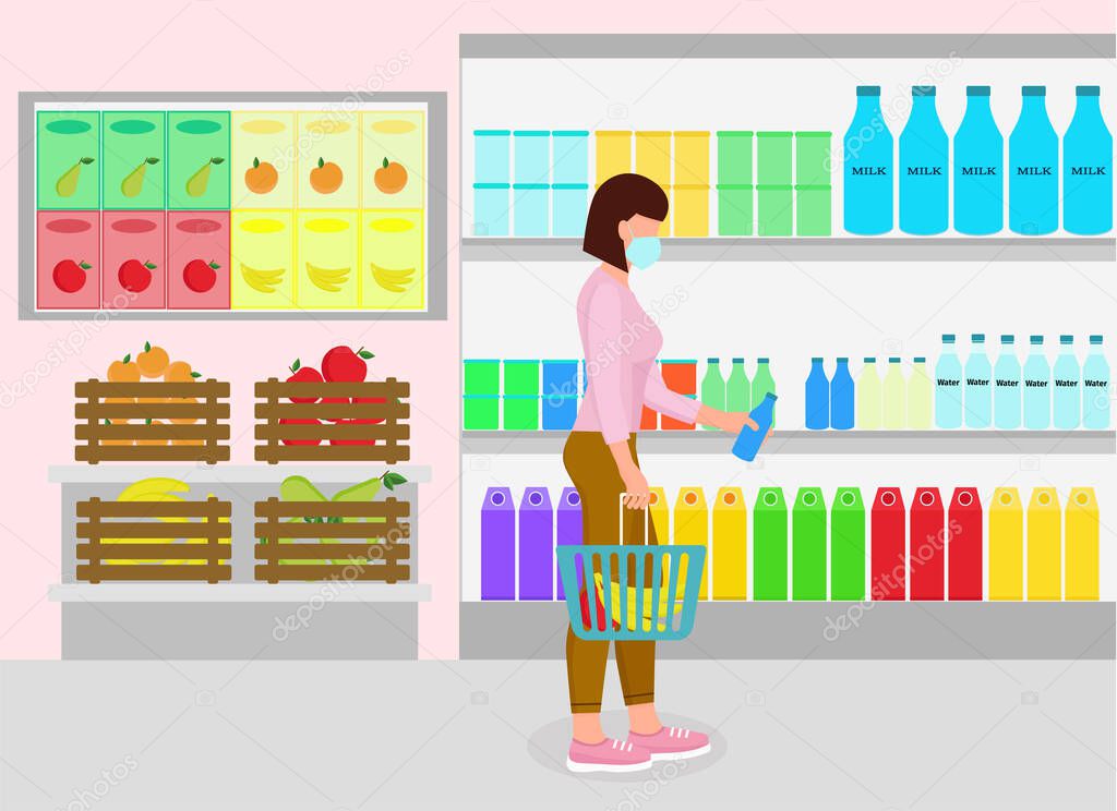Woman in the store buys groceries. Girl with a trolley in a grocery store. A young lady in a mask buys groceries. Vector illustration
