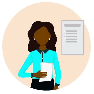 Siyahi bir kadın işi kabul ediyor. Kız kontrat imzaladı. Kız bir kontrat imzalıyor. Personel alımı, istihdam. Vektör..