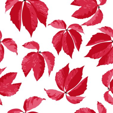 Beyaz arka planda kırmızı yapraklar, pürüzsüz bir desen. Kırmızı yapraklarla tekrarlanan şablon. Vektör. Tasarım için arkaplan.