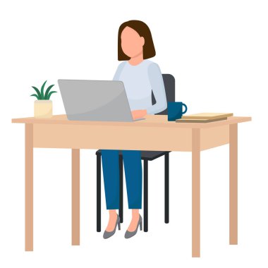 Çalışma masasında dizüstü bilgisayarlı bir kadın. Kız çalışıyor. Ofis müdürü, çalışan. Uzaktan kumanda, çevrimiçi. Vektör kavramı.