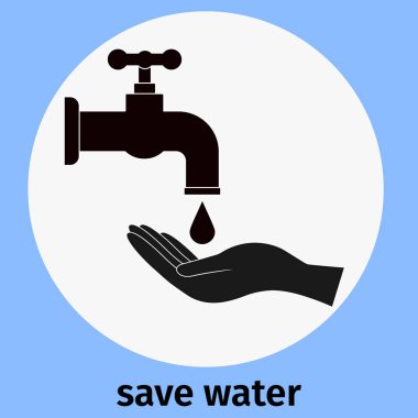 Suyu idareli kullanın. Damlayan su ve eli olan musluk. Doğal kaynakların korunması ve korunmasının sembolü. Vektör, kavram.