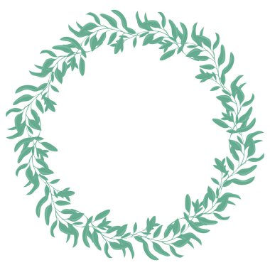 Yapraklı yuvarlak çerçeve. Çemberde yaprakları olan dallar. Yeşil yapraklı basit bir çelenk. Vektör, bir kartpostal şablonu.