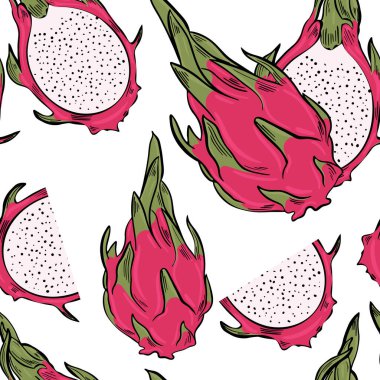 Ejderha Meyvesi Numunesi. Parlak renkli egzotik pitahaya, sürekli tekrarlanan desen. Yarı yarıya ve tüm Asya meyveleri. Pitaya, vektör. Tasarım ve ambalaj için şablon.