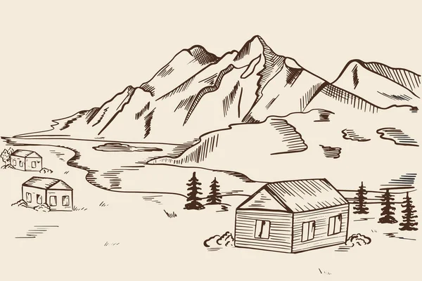 Casa de madera sobre el telón de fondo de una cordillera. Paisaje de montaña con un río y un pueblo. Cabañas de montaña. Dibujo a mano alzada, vector. — Vector de stock