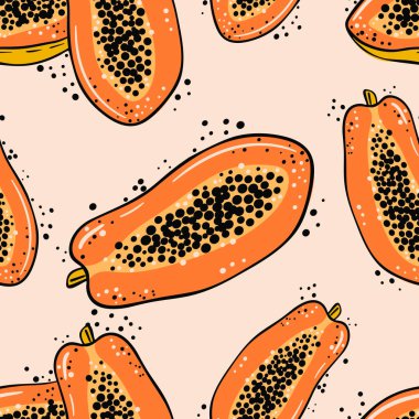 Papaya meyveli parlak renkli desen. Egzotik meyvelerle dolu saf doğal bir arka plan. Ambalaj kağıdı, paket, duvar kağıdı şablonu. Düz, vektör illüstrasyonu.