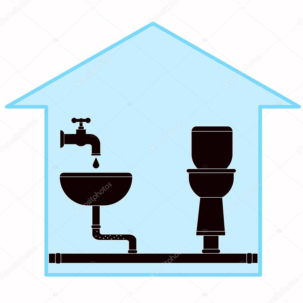 Sewerage and water supply in the house. Domestic waste water in the apartment. Bathroom and pipes. Vector, flat.