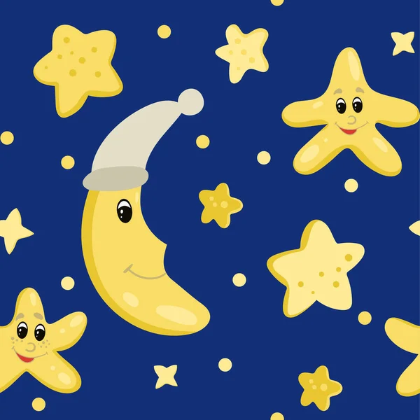 星空を背景にシームレス 青い空に対する漫画の星と月 テキスタイル パッケージ 子供服のデザインのためのパターン — ストックベクタ
