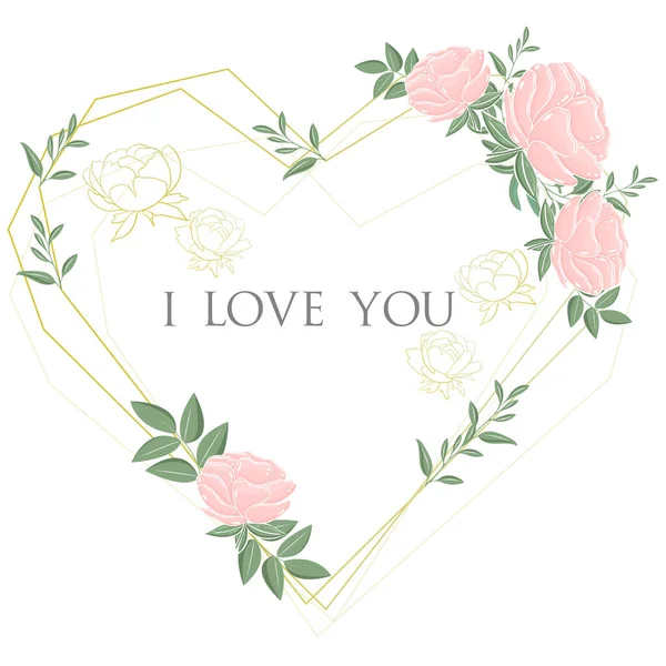 繊細な花と心の形をしたフレーム 葉を持つピンクの牡丹 愛の宣言と花テンプレート 私はあなたを愛している — ストックベクタ