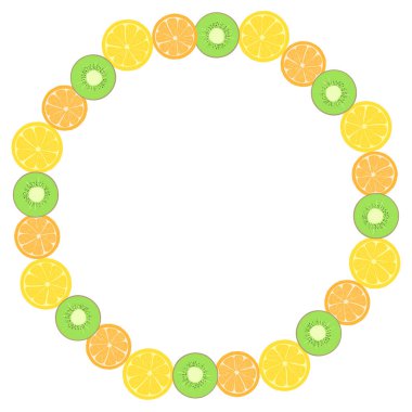 Meyveli basit yuvarlak çerçeve. Portakallı limon ve kivi daire şeklinde. Yemek teması için tasarım şablonu.