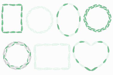 Yapraklı çerçeve koleksiyonu. Yeşil yapraklı basit çerçeveler. Tasarım için verimli sınırlar. Vektör. El çizimi..