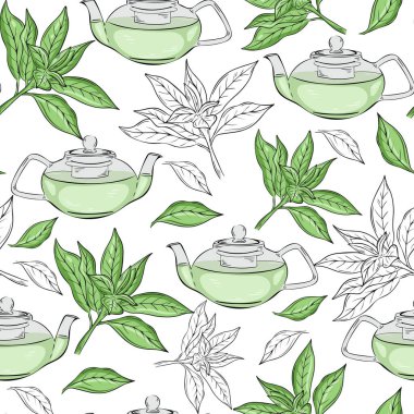 Seamless pattern with green tea. Tea leaves and teapot, vector. Tea ceremony background. Afternoon with tea. Hand drawing. clipart
