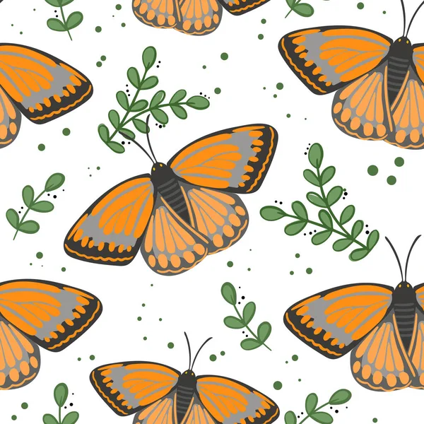 Pattern Butterflies Vector Monarch Butterflies Leaves Repeating Solid Spring Summer — Stock Vector