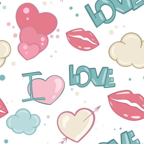 Pattern Hearts Lips Clouds Vector Seamless Pattern Theme Love Cute — Stock Vector