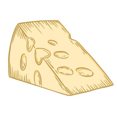 Bir parça Maasdam peyniri. Vektör. Delikli peynir. Dikdörtgen bir parça, peynir kafasının bir parçası. El çizimi. Parlak sarı süt ürünü.