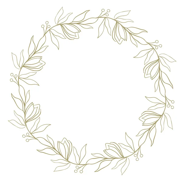 Gold Frame Flowers Leaves Circular Template Design Plant Botanical Elements — Image vectorielle