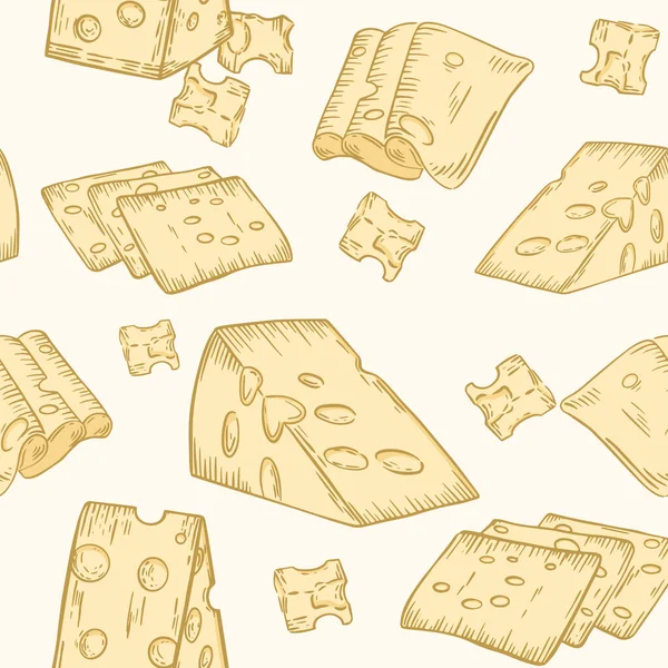 치즈와 벡터가 섞이지 않은 패턴이죠. 구멍 이 있는 치즈, 다른 조각들 과얇은 조각들. 낙농 제품인 마아스담 치즈를 곁들인 색깔있는 배경. — 스톡 벡터