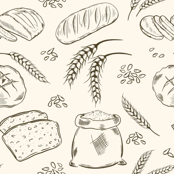 谷物、面包和小麦穗的无缝图案,病媒.复述烘焙食品的背景.烘焙产品。有机食品手绘. — 图库矢量图片