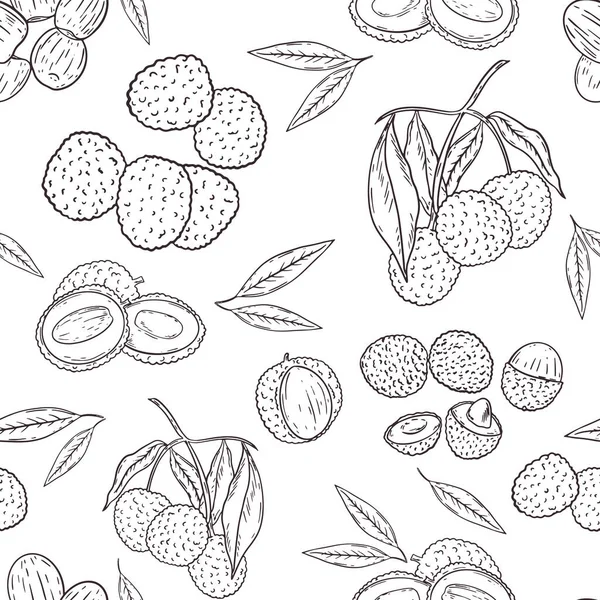 荔枝无缝图案 草图手绘矢量 以荔枝 全果和半果为分枝重复背景 附有食物的壁纸 — 图库矢量图片
