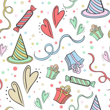 Çocuklar sorunsuz bir tatil düzeninde, vektör. Tatlı, kalp, kurdele, hediye ve konfetiyle sevimli bir geçmişi var. Paketleme, bayram tebrik afişi ve duvar kağıdı şablonu. El çizimi.